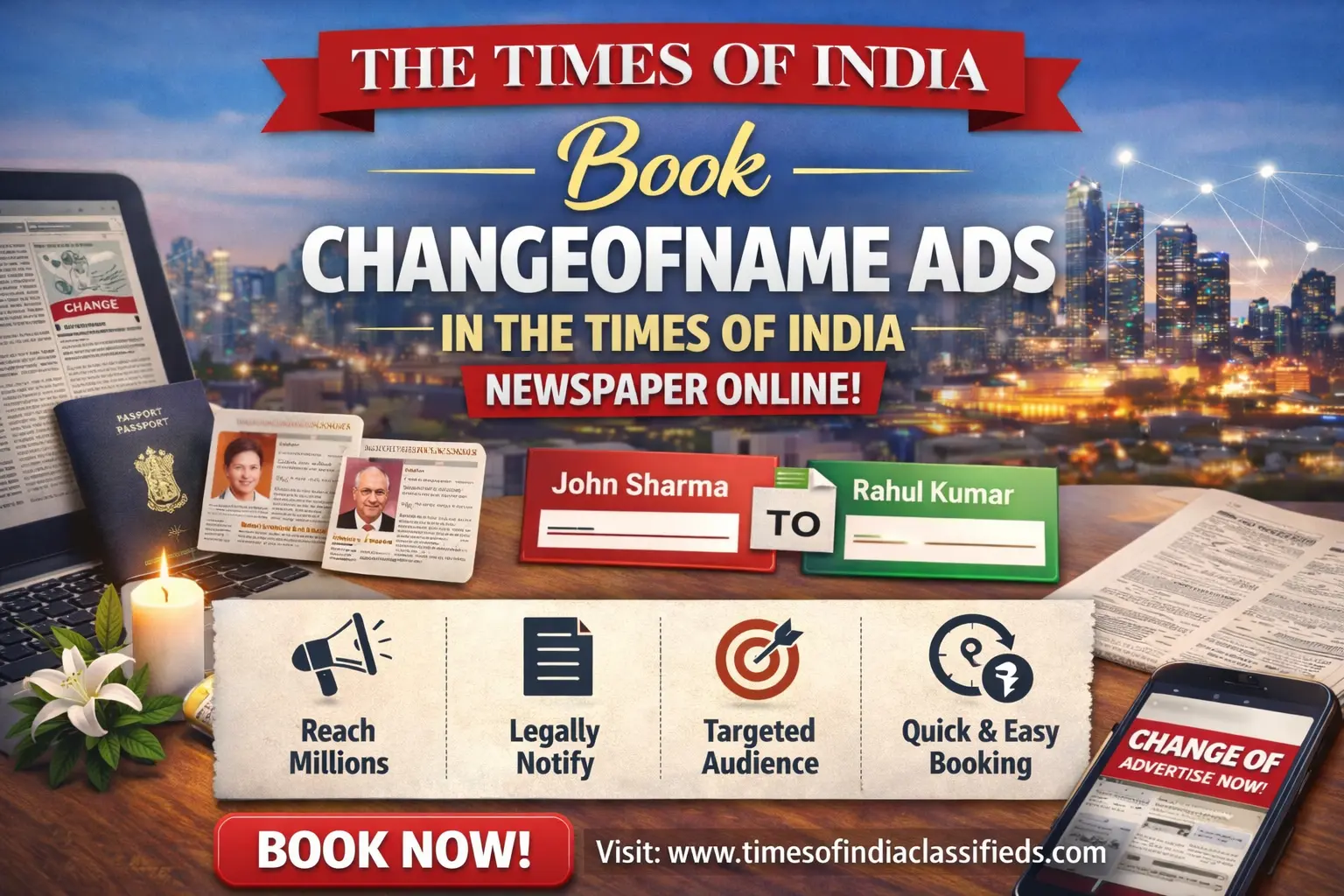 Book Changeofname Ads in The Times of India Newspaper Online